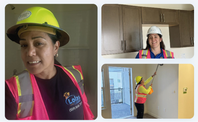 Maria Elena and Trinity, founders of Lola's Shiny Solutions, LLC, wearing branded uniforms, hard hats, and hi-vis vests on a post-construction job site in Tulare County, CA — including a close-up portrait of Maria Elena and an action shot of a team member cleaning walls with an extension mop in a newly built apartment.