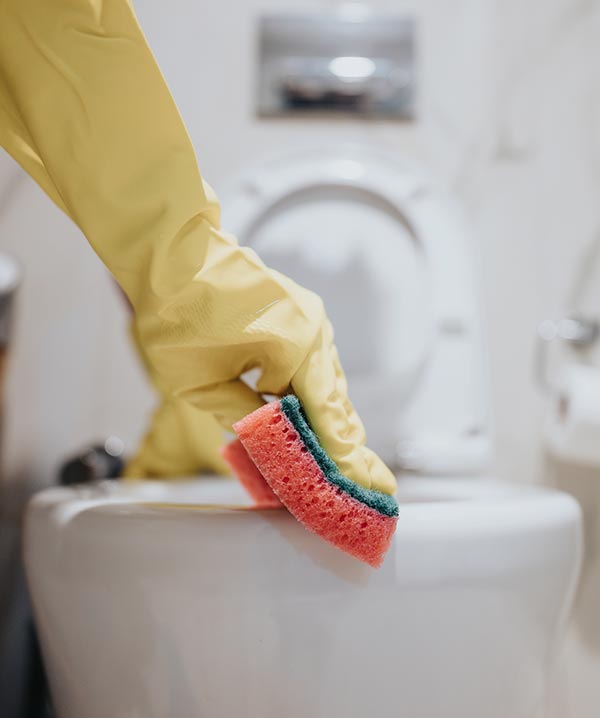 deep-cleaning-lolas-shiny-solutions-janitorial Gloved hand deep cleaning toilet with sponge, bathroom sanitizing service